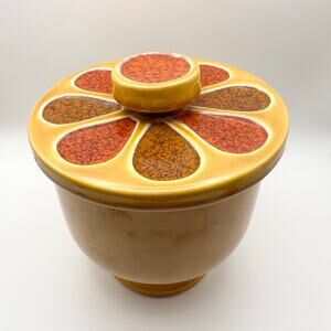 California Pottery USA 694 Vintage Yellow Citrus Flower Lid Footed Canister MCM
